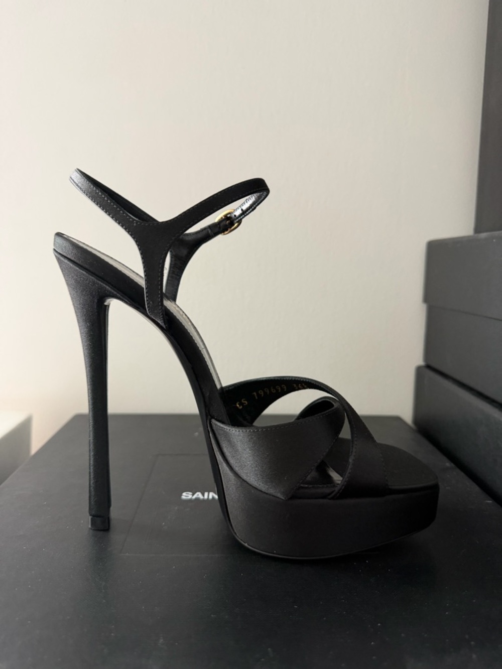 Saint Laurent Black Satin Debbie Platform Heel